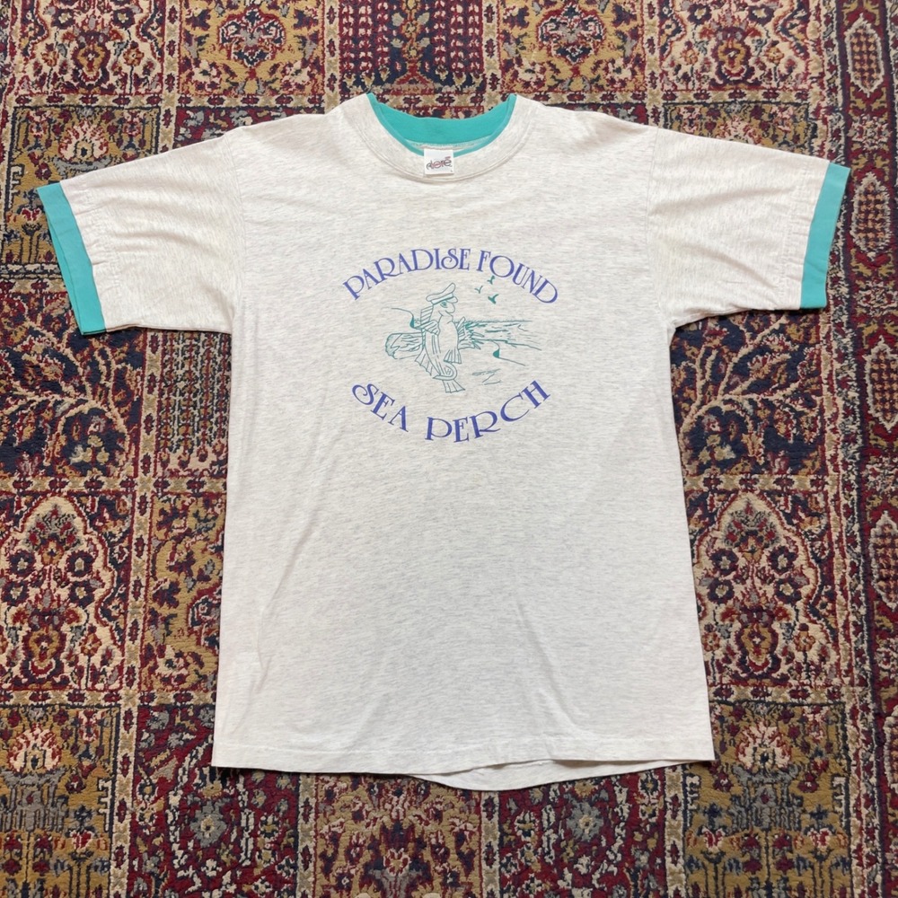 Paradise Found Sea Perch Graphic‎ T Shirt Men's Size L Gray Turquoise Ringer Tee